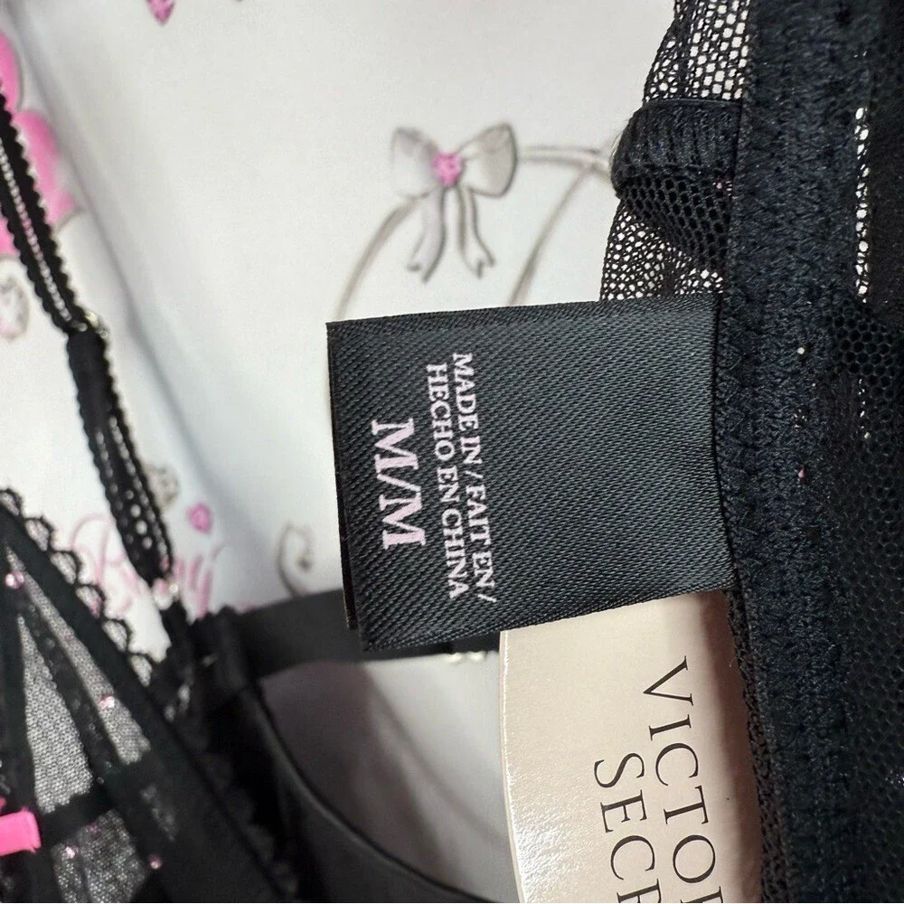Victoria's Secret set 2 piece sexy little things Black Mesh Babydoll Pink Accent